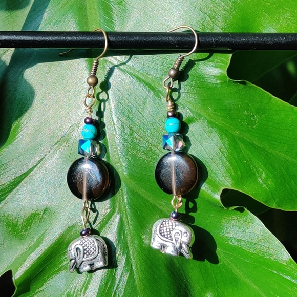 Smokey Quartz, Elephant Charm, Dyed Howlite Earrings - Picture 3 of 16